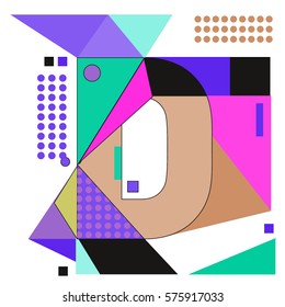Vector Brochure design with letter D. Illustration background template for poster. Fun Holiday business catalog and magazine cover. Memphis style design visual presentation graphic elements.