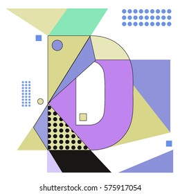 Vector Brochure design with letter D. Illustration background template for poster. Fun Holiday business catalog and magazine cover. Memphis style design visual presentation graphic elements.