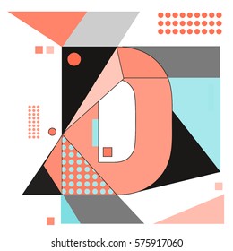 Vector Brochure design with letter D. Illustration background template for poster. Fun Holiday business catalog and magazine cover. Memphis style design visual presentation graphic elements.