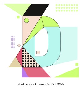 Vector Brochure design with letter D. Illustration background template for poster. Fun Holiday business catalog and magazine cover. Memphis style design visual presentation graphic elements.