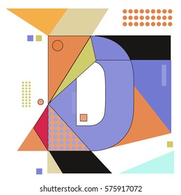 Vector Brochure design with letter D. Illustration background template for poster. Fun Holiday business catalog and magazine cover. Memphis style design visual presentation graphic elements.