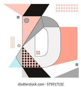 Vector Brochure design with letter D. Illustration background template for poster. Fun Holiday business catalog and magazine cover. Memphis style design visual presentation graphic elements.