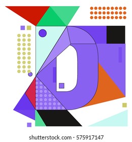 Vector Brochure design with letter D. Illustration background template for poster. Fun Holiday business catalog and magazine cover. Memphis style design visual presentation graphic elements.