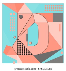 Vector Brochure design with letter D. Illustration background template for poster. Fun Holiday business catalog and magazine cover. Memphis style design visual presentation graphic elements.