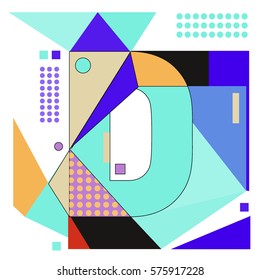 Vector Brochure design with letter D. Illustration background template for poster. Fun Holiday business catalog and magazine cover. Memphis style design visual presentation graphic elements.