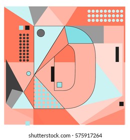 Vector Brochure design with letter D. Illustration background template for poster. Fun Holiday business catalog and magazine cover. Memphis style design visual presentation graphic elements.