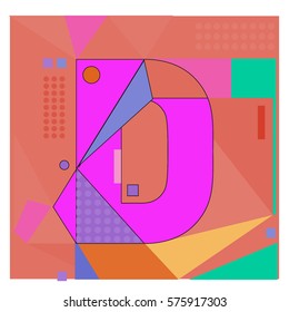 Vector Brochure design with letter D. Illustration background template for poster. Fun Holiday business catalog and magazine cover. Memphis style design visual presentation graphic elements.