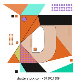 Vector Brochure design with letter D. Illustration background template for poster. Fun Holiday business catalog and magazine cover. Memphis style design visual presentation graphic elements.
