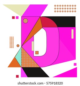 Vector Brochure design with letter D. Illustration background template for poster. Fun Holiday business catalog and magazine cover. Memphis style design visual presentation graphic elements.