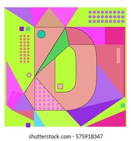 Vector Brochure design with letter D. Illustration background template for poster. Fun Holiday business catalog and magazine cover. Memphis style design visual presentation graphic elements.