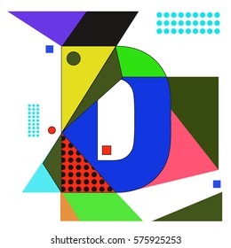 Vector Brochure design with letter D. Illustration background template for poster. Fun Holiday business catalog and magazine cover. Memphis style design visual presentation graphic elements.