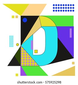 Vector Brochure design with letter D. Illustration background template for poster. Fun Holiday business catalog and magazine cover. Memphis style design visual presentation graphic elements.