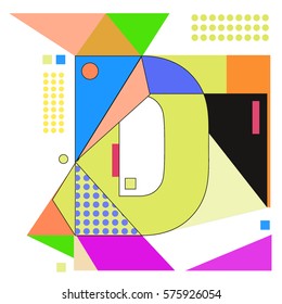 Vector Brochure design with letter D. Illustration background template for poster. Fun Holiday business catalog and magazine cover. Memphis style design visual presentation graphic elements.