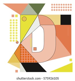 Vector Brochure design with letter D. Illustration background template for poster. Fun Holiday business catalog and magazine cover. Memphis style design visual presentation graphic elements.