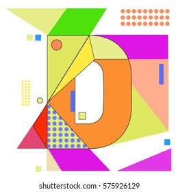 Vector Brochure design with letter D. Illustration background template for poster. Fun Holiday business catalog and magazine cover. Memphis style design visual presentation graphic elements.