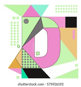 Vector Brochure design with letter D. Illustration background template for poster. Fun Holiday business catalog and magazine cover. Memphis style design visual presentation graphic elements.
