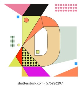 Vector Brochure design with letter D. Illustration background template for poster. Fun Holiday business catalog and magazine cover. Memphis style design visual presentation graphic elements.
