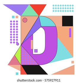 Vector Brochure design with letter D. Illustration background template for poster. Fun Holiday business catalog and magazine cover. Memphis style design visual presentation graphic elements.