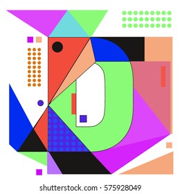 Vector Brochure design with letter D. Illustration background template for poster. Fun Holiday business catalog and magazine cover. Memphis style design visual presentation graphic elements.