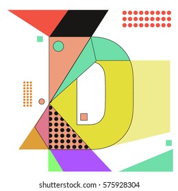 Vector Brochure design with letter D. Illustration background template for poster. Fun Holiday business catalog and magazine cover. Memphis style design visual presentation graphic elements.