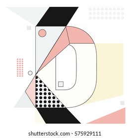 Vector Brochure design with letter D. Illustration background template for poster. Fun Holiday business catalog and magazine cover. Memphis style design visual presentation graphic elements.