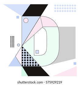 Vector Brochure design with letter D. Illustration background template for poster. Fun Holiday business catalog and magazine cover. Memphis style design visual presentation graphic elements.