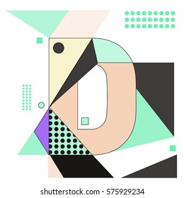 Vector Brochure design with letter D. Illustration background template for poster. Fun Holiday business catalog and magazine cover. Memphis style design visual presentation graphic elements.
