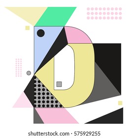 Vector Brochure design with letter D. Illustration background template for poster. Fun Holiday business catalog and magazine cover. Memphis style design visual presentation graphic elements.