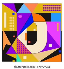 Vector Brochure design with letter D. Illustration background template for poster. Fun Holiday business catalog and magazine cover. Memphis style design visual presentation graphic elements.