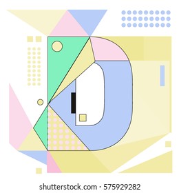 Vector Brochure design with letter D. Illustration background template for poster. Fun Holiday business catalog and magazine cover. Memphis style design visual presentation graphic elements.