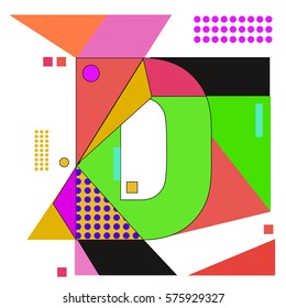 Vector Brochure design with letter D. Illustration background template for poster. Fun Holiday business catalog and magazine cover. Memphis style design visual presentation graphic elements.