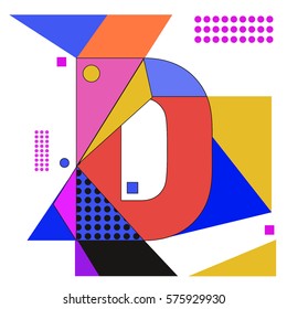 Vector Brochure design with letter D. Illustration background template for poster. Fun Holiday business catalog and magazine cover. Memphis style design visual presentation graphic elements.