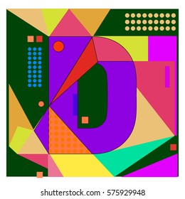 Vector Brochure design with letter D. Illustration background template for poster. Fun Holiday business catalog and magazine cover. Memphis style design visual presentation graphic elements.