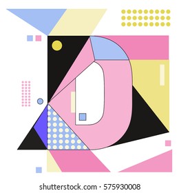 Vector Brochure design with letter D. Illustration background template for poster. Fun Holiday business catalog and magazine cover. Memphis style design visual presentation graphic elements.