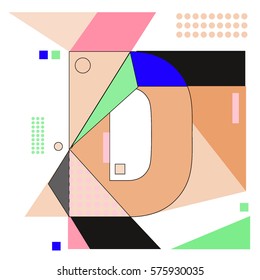 Vector Brochure design with letter D. Illustration background template for poster. Fun Holiday business catalog and magazine cover. Memphis style design visual presentation graphic elements.