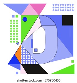Vector Brochure design with letter D. Illustration background template for poster. Fun Holiday business catalog and magazine cover. Memphis style design visual presentation graphic elements.