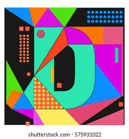 Vector Brochure design with letter D. Illustration background template for poster. Fun Holiday business catalog and magazine cover. Memphis style design visual presentation graphic elements.