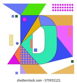 Vector Brochure design with letter D. Illustration background template for poster. Fun Holiday business catalog and magazine cover. Memphis style design visual presentation graphic elements.