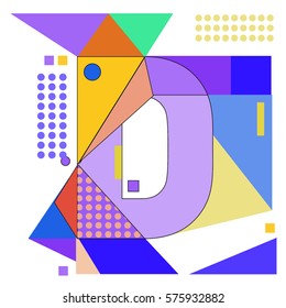 Vector Brochure design with letter D. Illustration background template for poster. Fun Holiday business catalog and magazine cover. Memphis style design visual presentation graphic elements.
