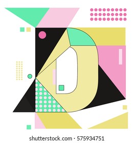 Vector Brochure design with letter D. Illustration background template for poster. Fun Holiday business catalog and magazine cover. Memphis style design visual presentation graphic elements.