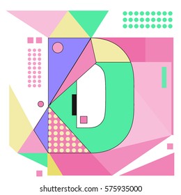 Vector Brochure design with letter D. Illustration background template for poster. Fun Holiday business catalog and magazine cover. Memphis style design visual presentation graphic elements.