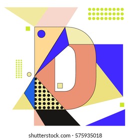 Vector Brochure design with letter D. Illustration background template for poster. Fun Holiday business catalog and magazine cover. Memphis style design visual presentation graphic elements.