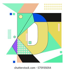 Vector Brochure design with letter D. Illustration background template for poster. Fun Holiday business catalog and magazine cover. Memphis style design visual presentation graphic elements.