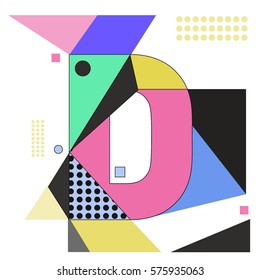 Vector Brochure design with letter D. Illustration background template for poster. Fun Holiday business catalog and magazine cover. Memphis style design visual presentation graphic elements.