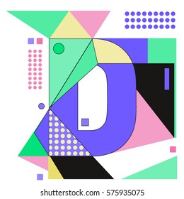 Vector Brochure design with letter D. Illustration background template for poster. Fun Holiday business catalog and magazine cover. Memphis style design visual presentation graphic elements.