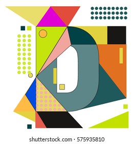 Vector Brochure design with letter D. Illustration background template for poster. Fun Holiday business catalog and magazine cover. Memphis style design visual presentation graphic elements.