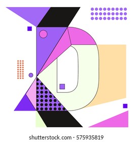 Vector Brochure design with letter D. Illustration background template for poster. Fun Holiday business catalog and magazine cover. Memphis style design visual presentation graphic elements.