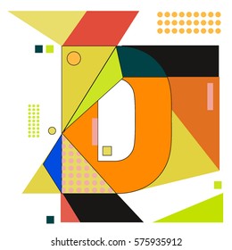 Vector Brochure design with letter D. Illustration background template for poster. Fun Holiday business catalog and magazine cover. Memphis style design visual presentation graphic elements.