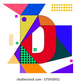 Vector Brochure design with letter D. Illustration background template for poster. Fun Holiday business catalog and magazine cover. Memphis style design visual presentation graphic elements.