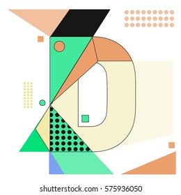 Vector Brochure design with letter D. Illustration background template for poster. Fun Holiday business catalog and magazine cover. Memphis style design visual presentation graphic elements.